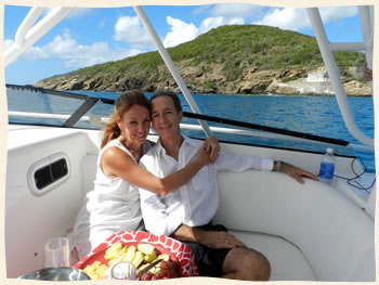 Wedding couple on powerboat St. Thomas US Virgin Islands.